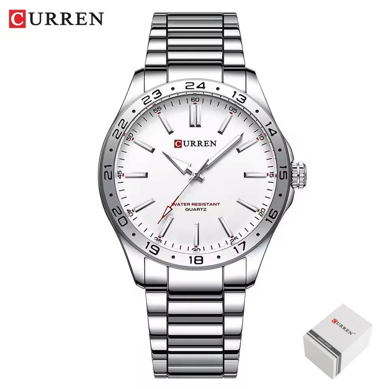 CURREN 8452 Relógio de quartzo masculino, relógio de pulso simples, moderno, de lazer e negócios, preto, prateado, com pulseira de aço inoxidável, para homens