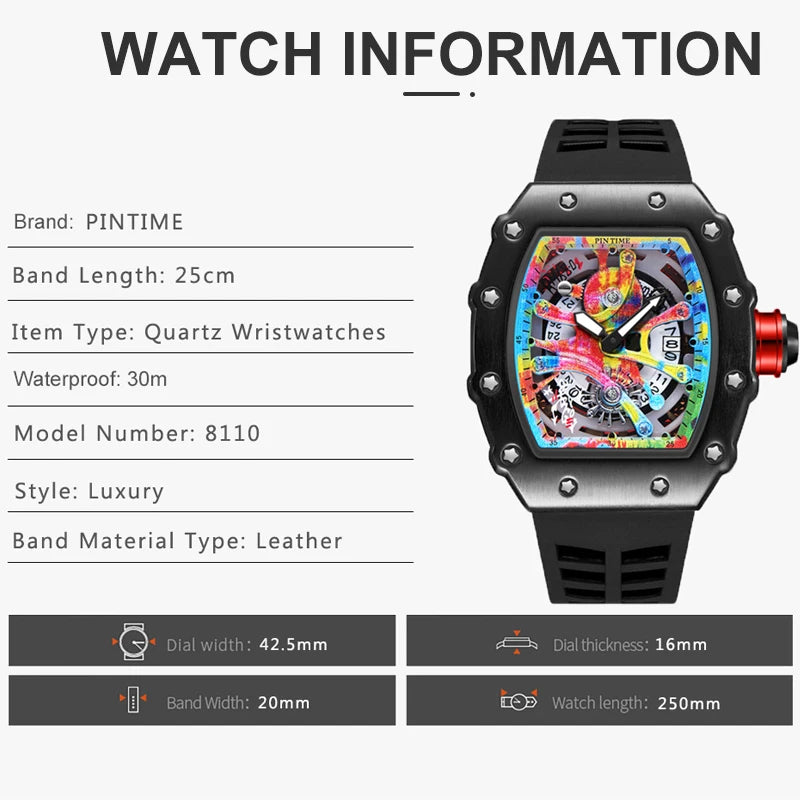 Relógios de pulso masculinos Pintime, relógio esportivo de hip hop com pulseira de borracha de silicone, relógio tonneau, relógio masculino
