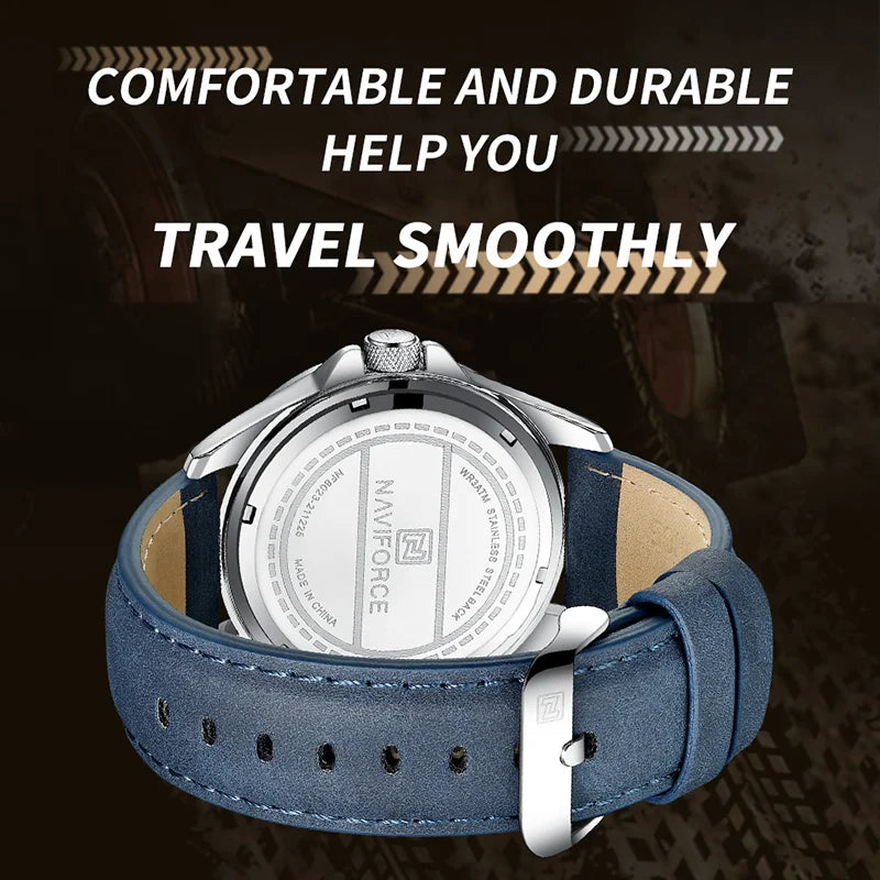 Relógio de pulso masculino esportivo e à prova d'água com pulseira de couro, relógio de quartzo da marca NAVIFORCE, relógio de pulso masculino com calendário e pulseira de couro