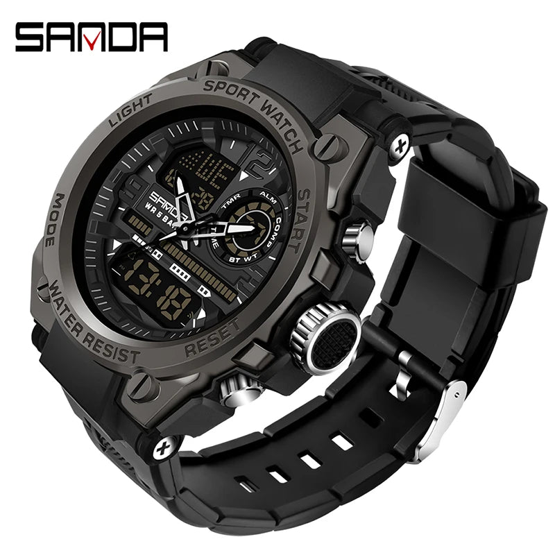 Relógio esportivo masculino SANDA de quartzo com display duplo LED, relógio de pulso eletrônico digital à prova d'água, relógio militar masculino
