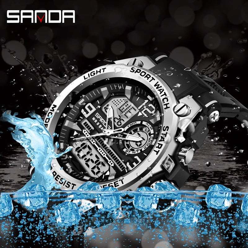 Relógio esportivo masculino SANDA de quartzo com display duplo LED, relógio de pulso eletrônico digital à prova d'água, relógio militar masculino
