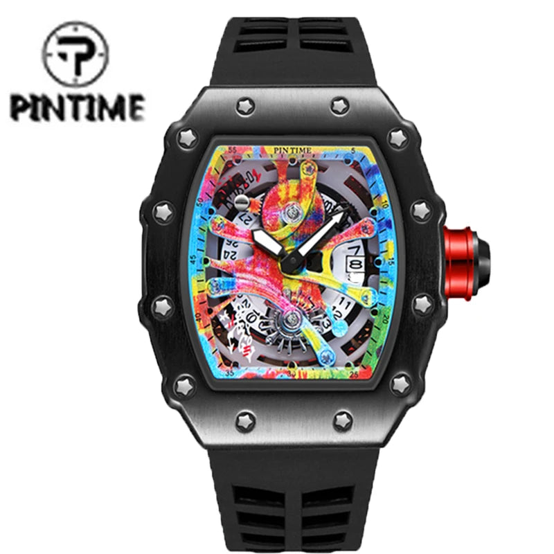 Relógios de pulso masculinos Pintime, relógio esportivo de hip hop com pulseira de borracha de silicone, relógio tonneau, relógio masculino