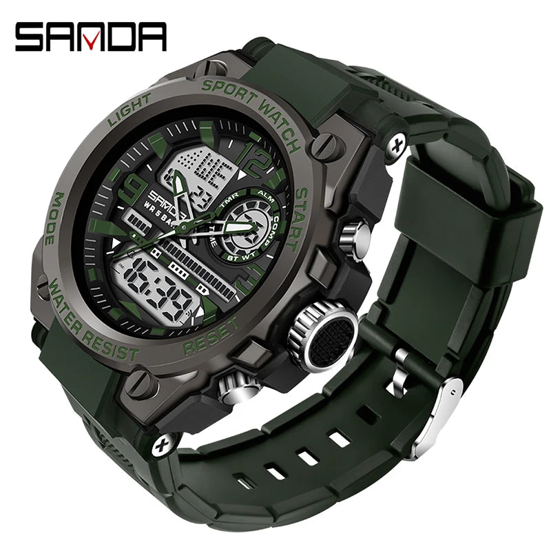 Relógio esportivo masculino SANDA de quartzo com display duplo LED, relógio de pulso eletrônico digital à prova d'água, relógio militar masculino