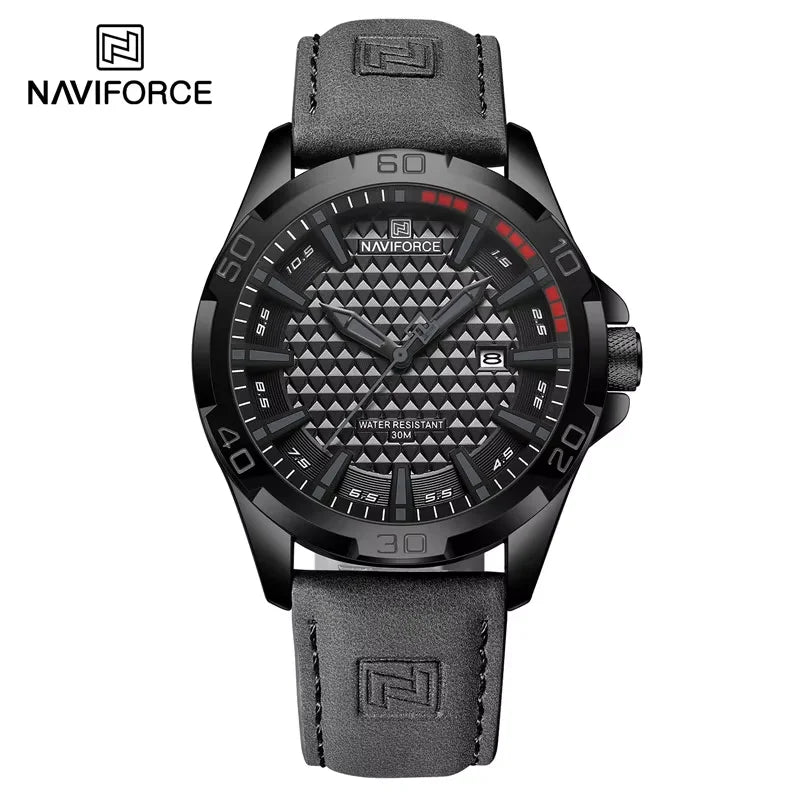 Relógio de pulso masculino esportivo e à prova d'água com pulseira de couro, relógio de quartzo da marca NAVIFORCE, relógio de pulso masculino com calendário e pulseira de couro