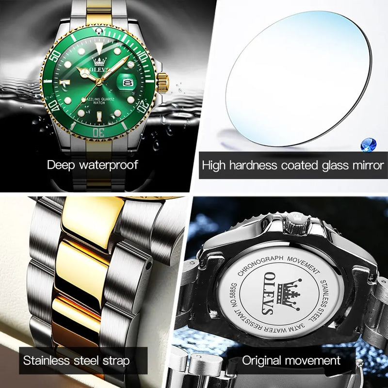 Relógio de quartzo masculino original OLEVS, verde, à prova d'água, de aço inoxidável, quartzo, luxuoso, luminoso