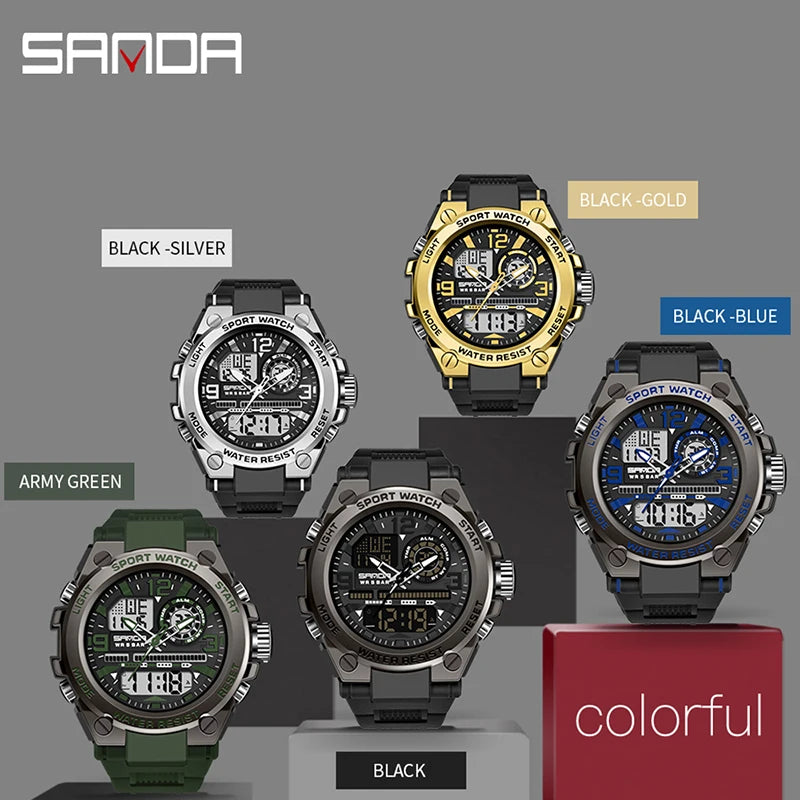 Relógio esportivo masculino SANDA de quartzo com display duplo LED, relógio de pulso eletrônico digital à prova d'água, relógio militar masculino