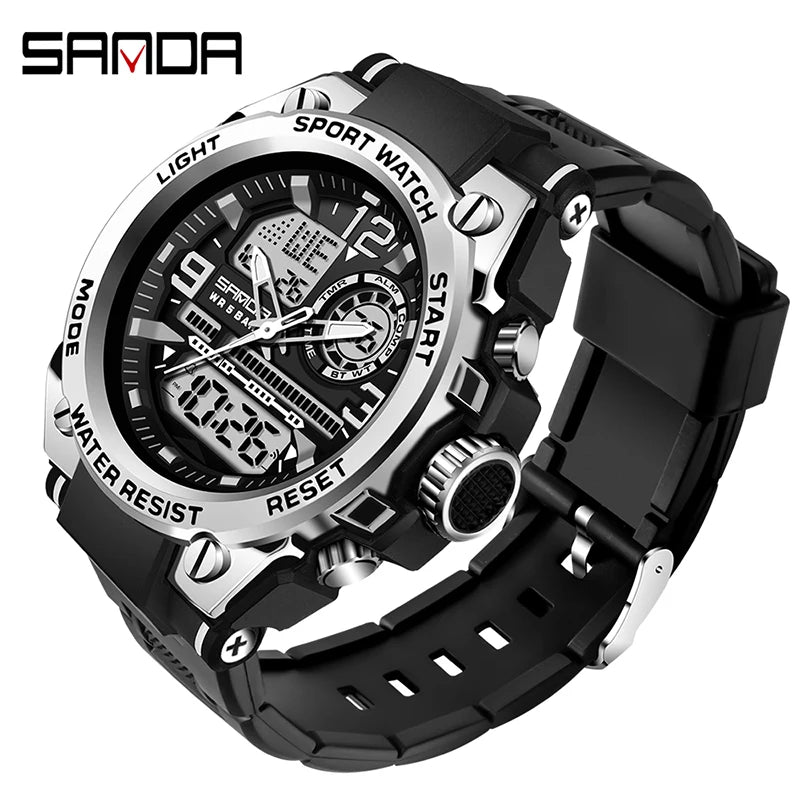 Relógio esportivo masculino SANDA de quartzo com display duplo LED, relógio de pulso eletrônico digital à prova d'água, relógio militar masculino
