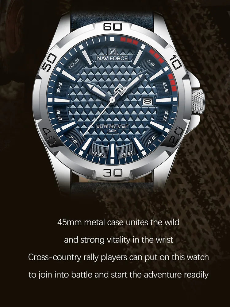 Relógio de pulso masculino esportivo e à prova d'água com pulseira de couro, relógio de quartzo da marca NAVIFORCE, relógio de pulso masculino com calendário e pulseira de couro