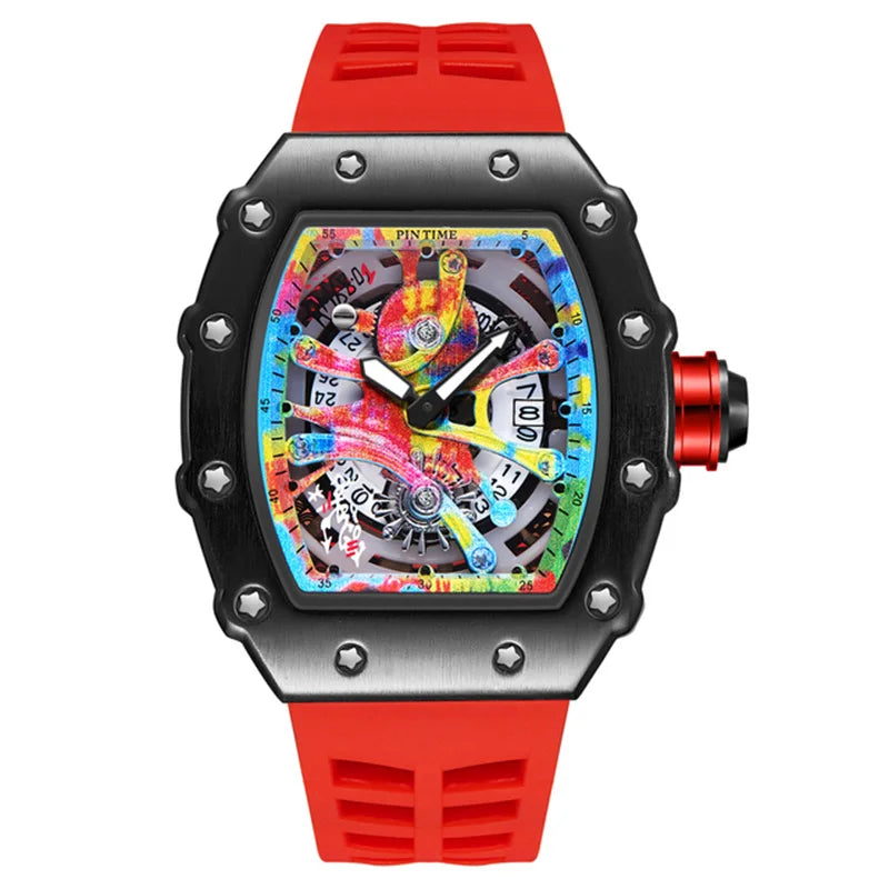 Relógios de pulso masculinos Pintime, relógio esportivo de hip hop com pulseira de borracha de silicone, relógio tonneau, relógio masculino