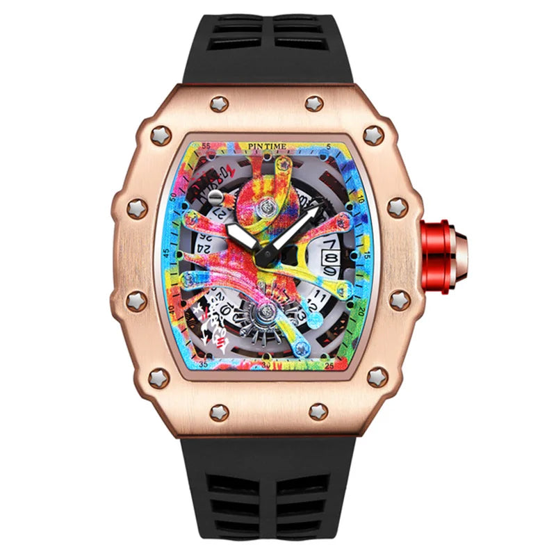 Relógios de pulso masculinos Pintime, relógio esportivo de hip hop com pulseira de borracha de silicone, relógio tonneau, relógio masculino