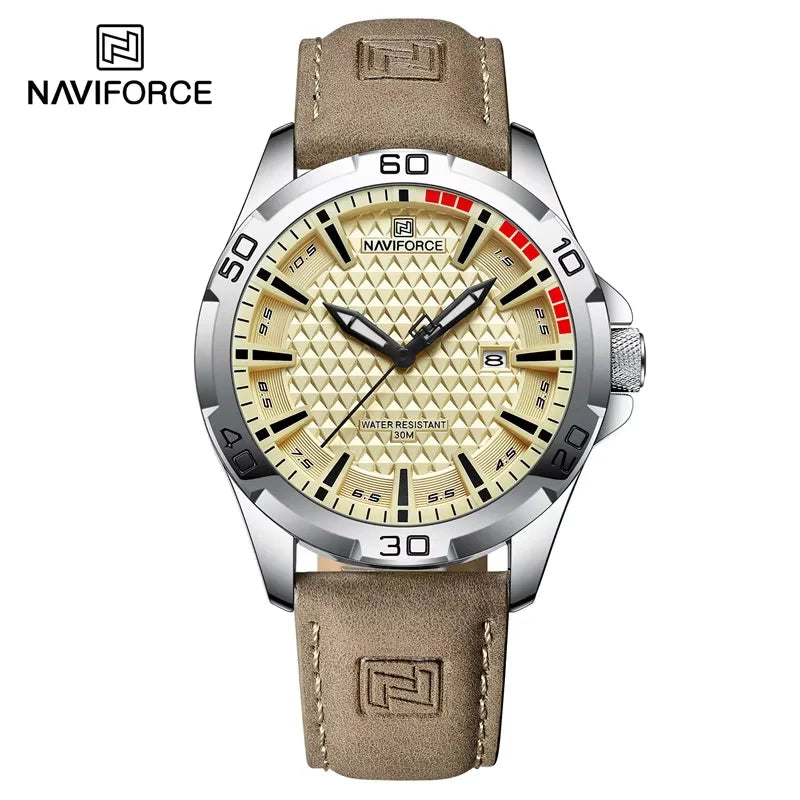 Relógio de pulso masculino esportivo e à prova d'água com pulseira de couro, relógio de quartzo da marca NAVIFORCE, relógio de pulso masculino com calendário e pulseira de couro