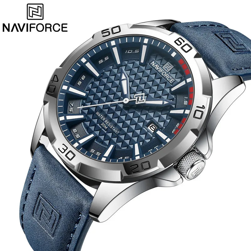 Relógio de pulso masculino esportivo e à prova d'água com pulseira de couro, relógio de quartzo da marca NAVIFORCE, relógio de pulso masculino com calendário e pulseira de couro