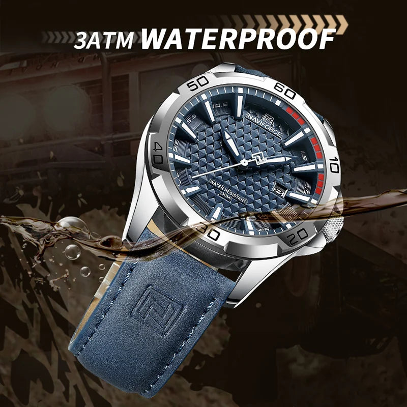 Relógio de pulso masculino esportivo e à prova d'água com pulseira de couro, relógio de quartzo da marca NAVIFORCE, relógio de pulso masculino com calendário e pulseira de couro