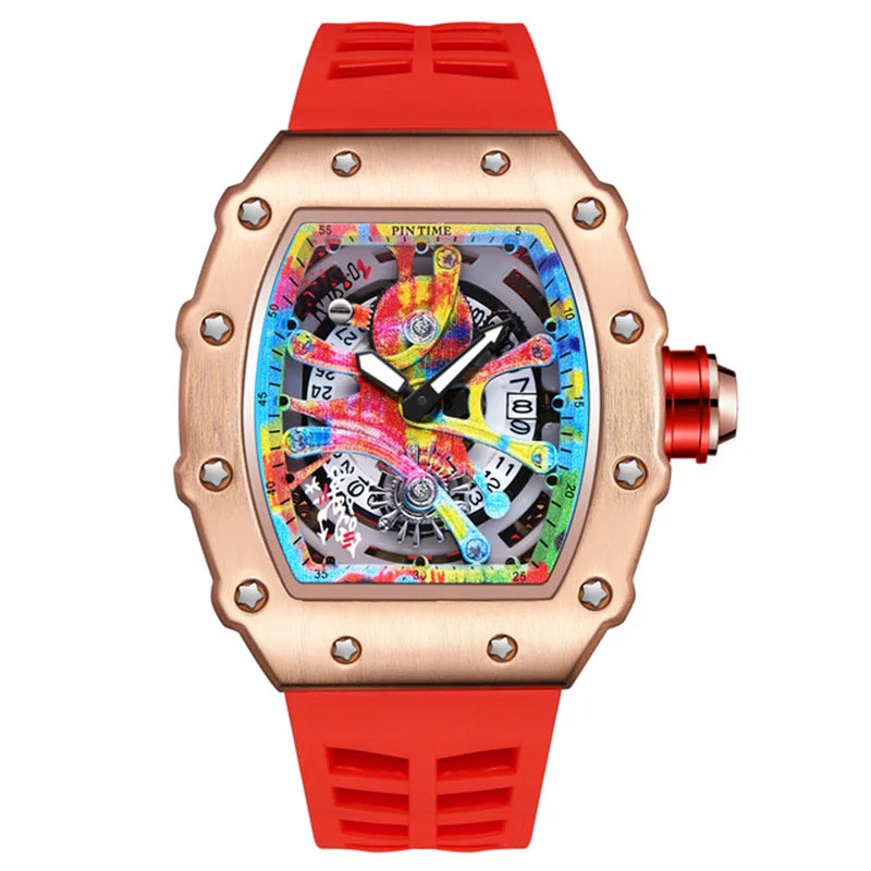 Relógios de pulso masculinos Pintime, relógio esportivo de hip hop com pulseira de borracha de silicone, relógio tonneau, relógio masculino
