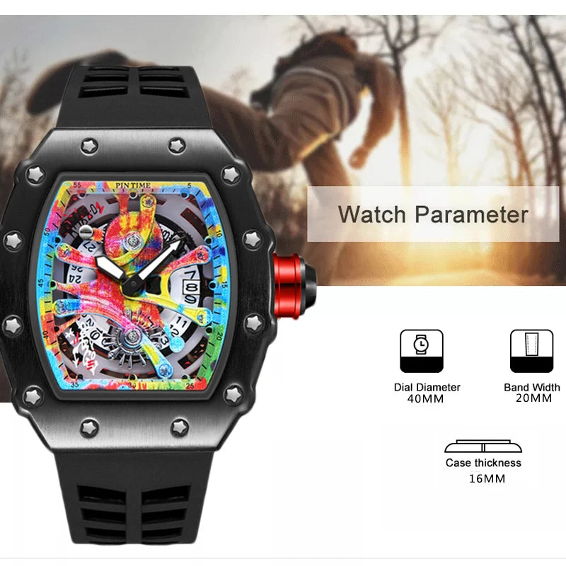 Relógios de pulso masculinos Pintime, relógio esportivo de hip hop com pulseira de borracha de silicone, relógio tonneau, relógio masculino
