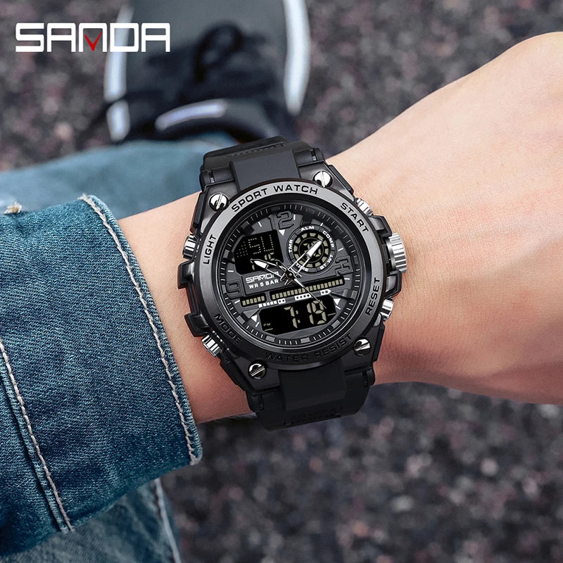 Relógio esportivo masculino SANDA de quartzo com display duplo LED, relógio de pulso eletrônico digital à prova d'água, relógio militar masculino