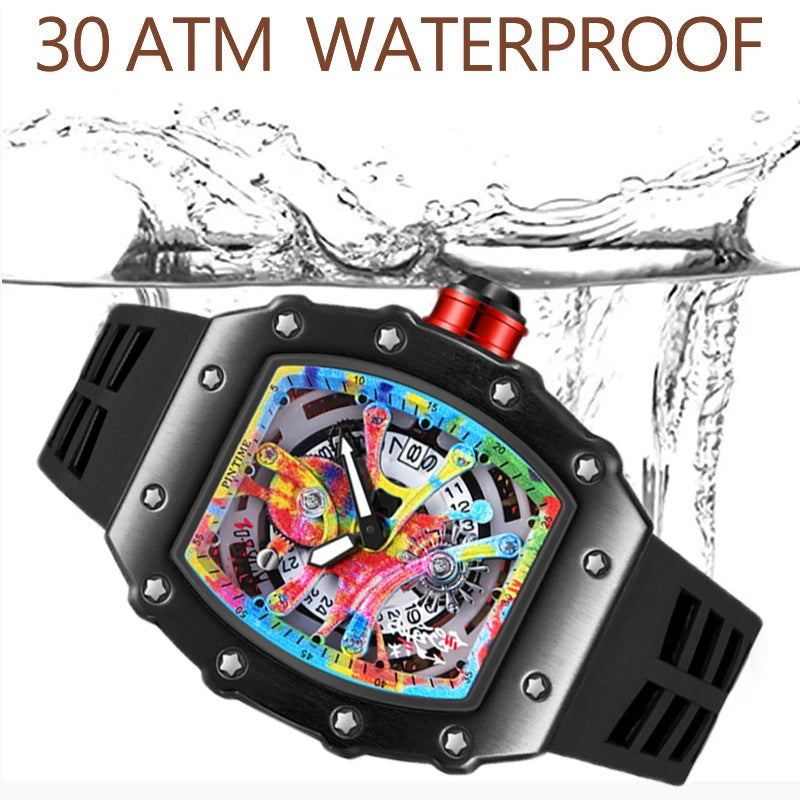 Relógios de pulso masculinos Pintime, relógio esportivo de hip hop com pulseira de borracha de silicone, relógio tonneau, relógio masculino