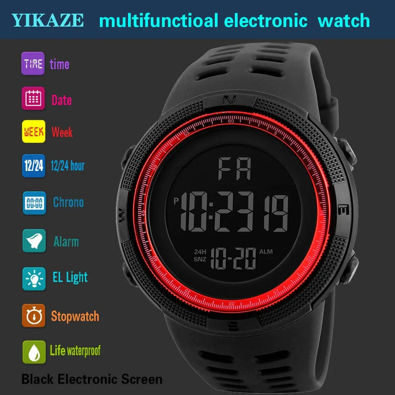 YIKAZE Y01 Relógio de pulso esportivo militar masculino multifuncional Relógio digital à prova d'água Relógio eletrônico para estudantes