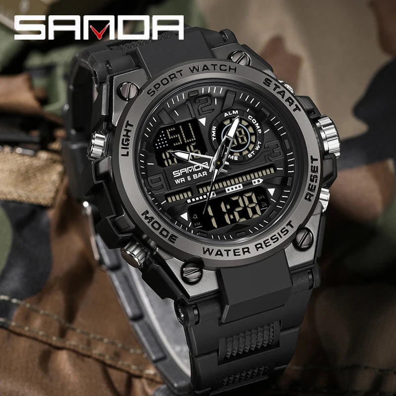 Relógio esportivo masculino SANDA de quartzo com display duplo LED, relógio de pulso eletrônico digital à prova d'água, relógio militar masculino