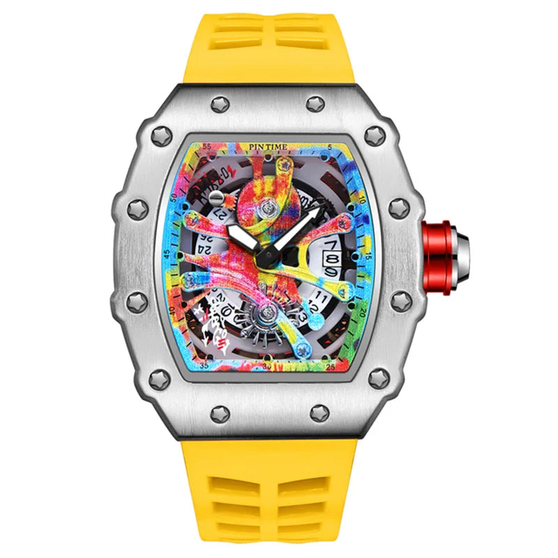 Relógios de pulso masculinos Pintime, relógio esportivo de hip hop com pulseira de borracha de silicone, relógio tonneau, relógio masculino