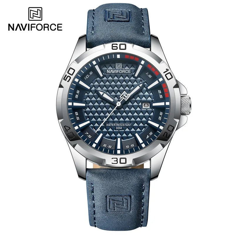 Relógio de pulso masculino esportivo e à prova d'água com pulseira de couro, relógio de quartzo da marca NAVIFORCE, relógio de pulso masculino com calendário e pulseira de couro
