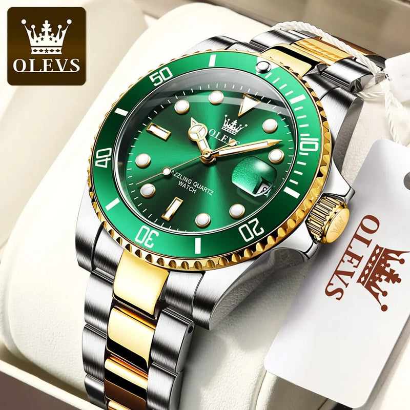 Relógio de quartzo masculino original OLEVS, verde, à prova d'água, de aço inoxidável, quartzo, luxuoso, luminoso