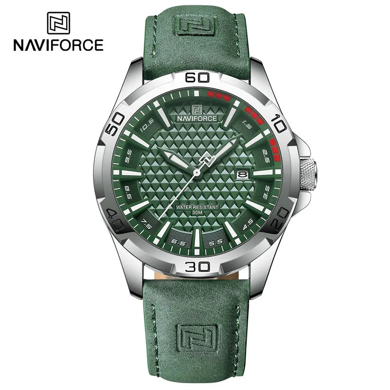 Relógio de pulso masculino esportivo e à prova d'água com pulseira de couro, relógio de quartzo da marca NAVIFORCE, relógio de pulso masculino com calendário e pulseira de couro