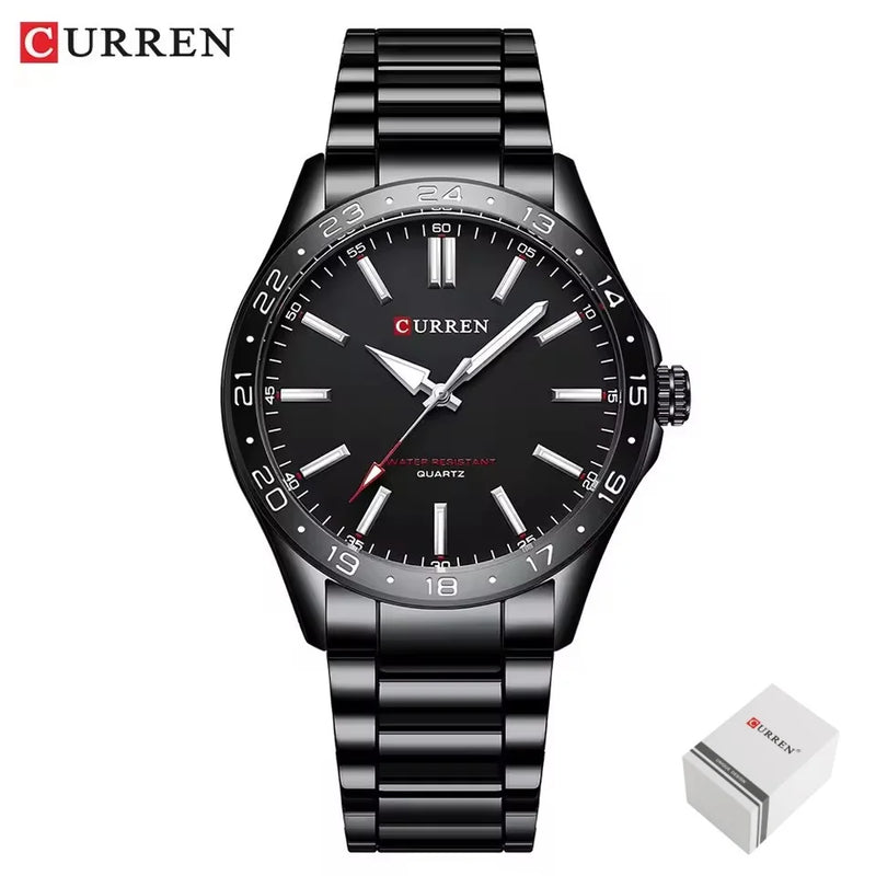 CURREN 8452 Relógio de quartzo masculino, relógio de pulso simples, moderno, de lazer e negócios, preto, prateado, com pulseira de aço inoxidável, para homens