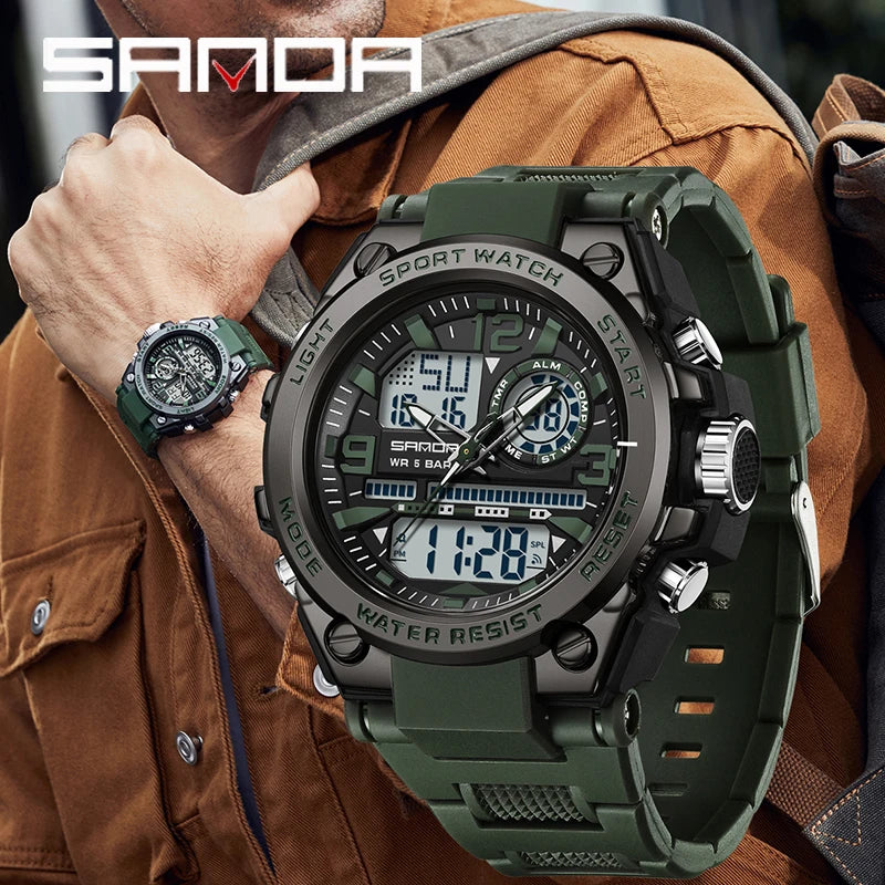 Relógio esportivo masculino SANDA de quartzo com display duplo LED, relógio de pulso eletrônico digital à prova d'água, relógio militar masculino