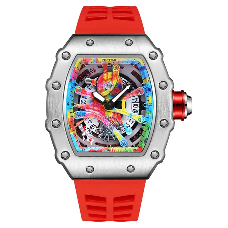 Relógios de pulso masculinos Pintime, relógio esportivo de hip hop com pulseira de borracha de silicone, relógio tonneau, relógio masculino