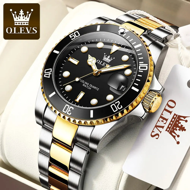 Relógio de quartzo masculino original OLEVS, verde, à prova d'água, de aço inoxidável, quartzo, luxuoso, luminoso