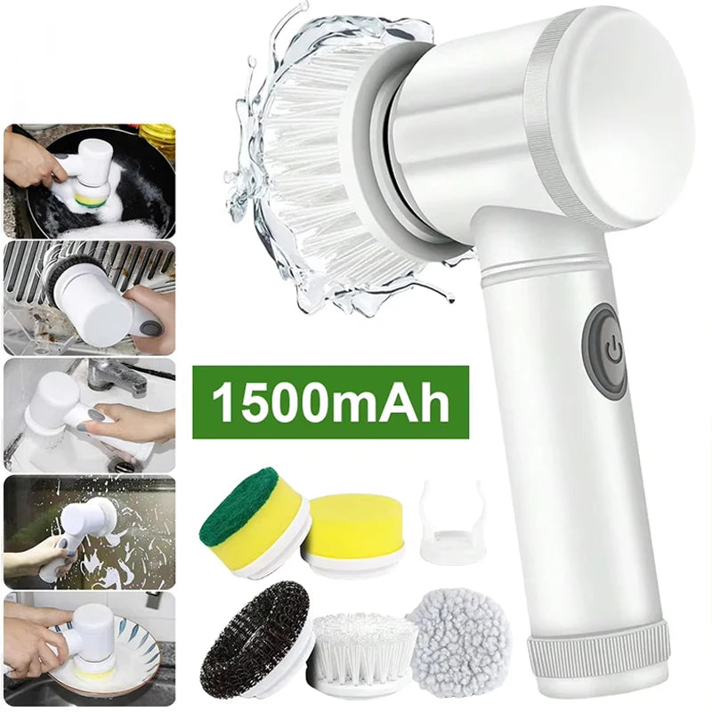 Escova de limpeza elétrica 5 em 1, potente, giratória, limpeza profunda com 5 cabeças substituíveis para banheiro e cozinha