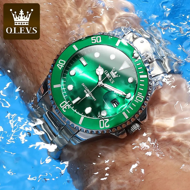 Relógio de quartzo masculino original OLEVS, verde, à prova d'água, de aço inoxidável, quartzo, luxuoso, luminoso