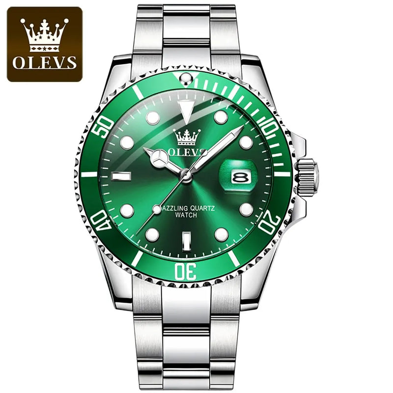 Relógio de quartzo masculino original OLEVS, verde, à prova d'água, de aço inoxidável, quartzo, luxuoso, luminoso