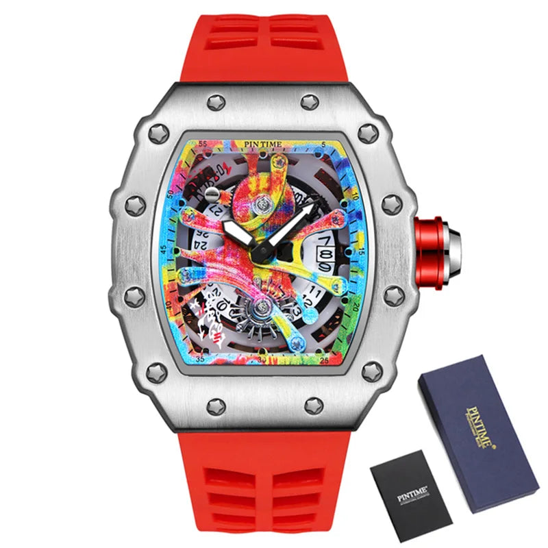 Relógios de pulso masculinos Pintime, relógio esportivo de hip hop com pulseira de borracha de silicone, relógio tonneau, relógio masculino