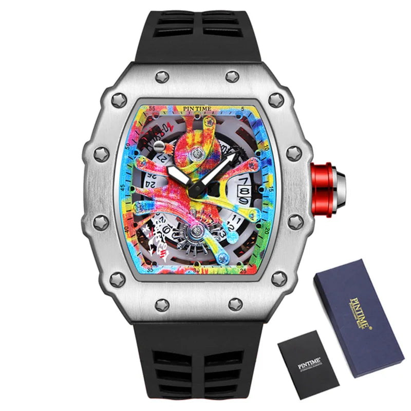 Relógios de pulso masculinos Pintime, relógio esportivo de hip hop com pulseira de borracha de silicone, relógio tonneau, relógio masculino
