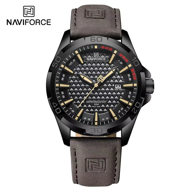 Relógio de pulso masculino esportivo e à prova d'água com pulseira de couro, relógio de quartzo da marca NAVIFORCE, relógio de pulso masculino com calendário e pulseira de couro
