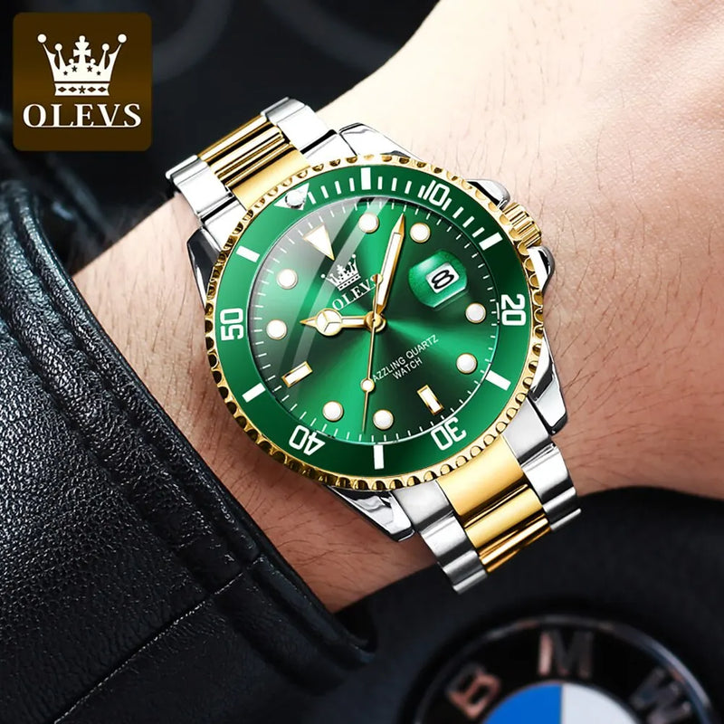 Relógio de quartzo masculino original OLEVS, verde, à prova d'água, de aço inoxidável, quartzo, luxuoso, luminoso