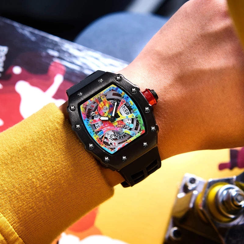 Relógios de pulso masculinos Pintime, relógio esportivo de hip hop com pulseira de borracha de silicone, relógio tonneau, relógio masculino