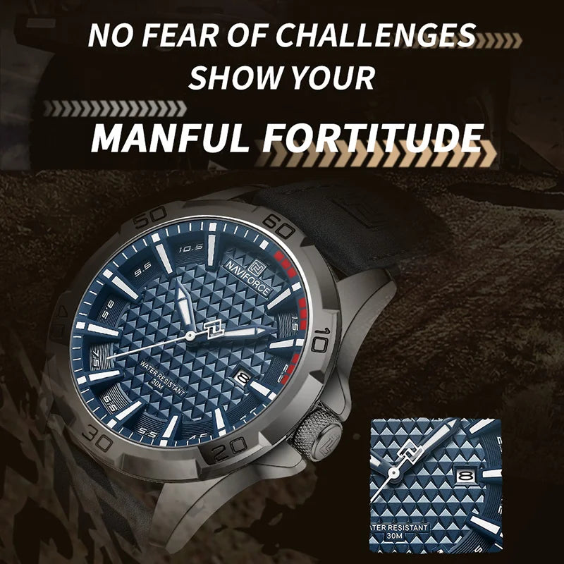 Relógio de pulso masculino esportivo e à prova d'água com pulseira de couro, relógio de quartzo da marca NAVIFORCE, relógio de pulso masculino com calendário e pulseira de couro