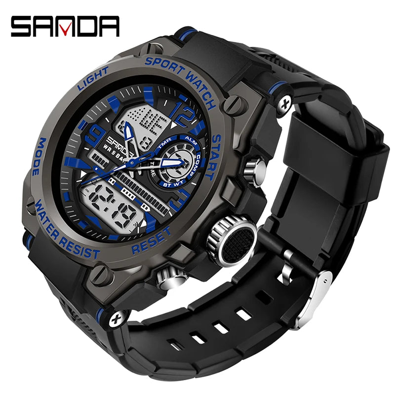 Relógio esportivo masculino SANDA de quartzo com display duplo LED, relógio de pulso eletrônico digital à prova d'água, relógio militar masculino