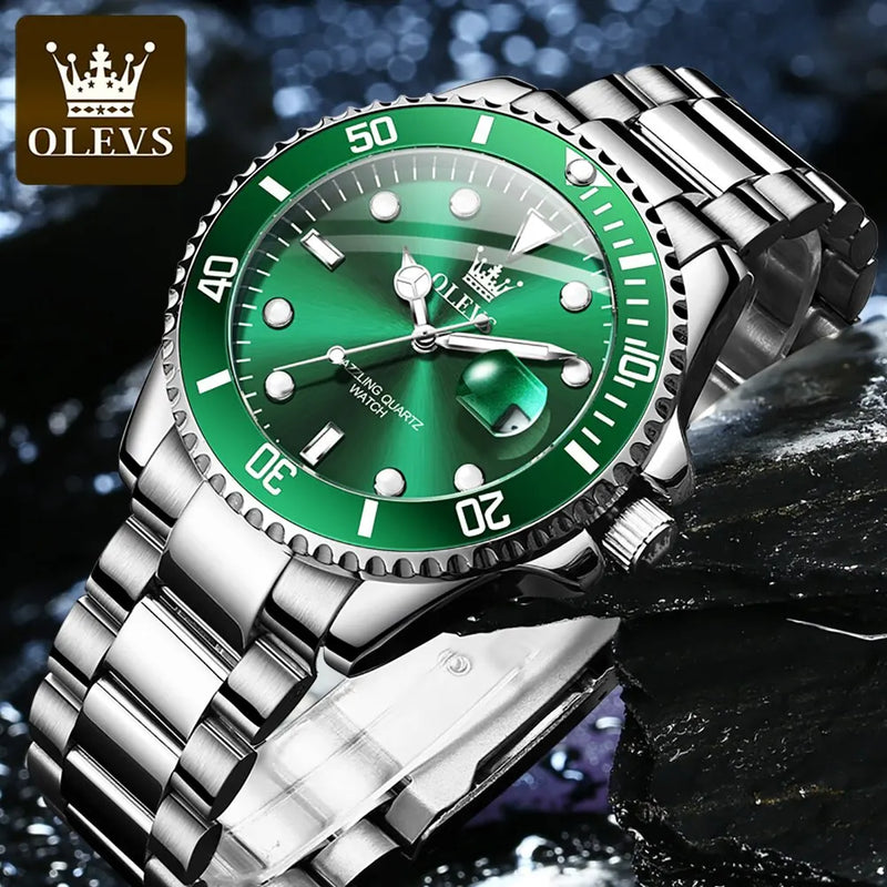 Relógio de quartzo masculino original OLEVS, verde, à prova d'água, de aço inoxidável, quartzo, luxuoso, luminoso